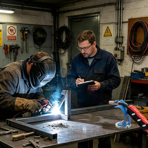 Two welders using a Heavy Duty Welding Torch Holder With Strong Magnetic Base For Steel Surfaces in a workshop.