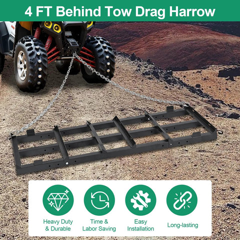 Beefy Heavy Duty 4 Ft Driveway Grader Power Rake With 4 Ft Chain attached to ATV, leveling gravel on rugged terrain