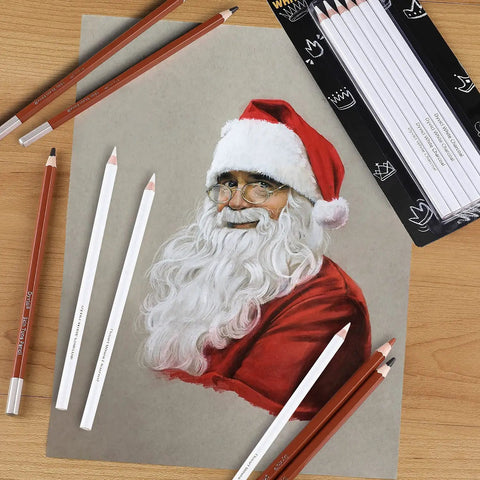 White Charcoal Pencils Set, 6 Pcs For Bold Highlights On Dark Paper and Santa Claus drawing