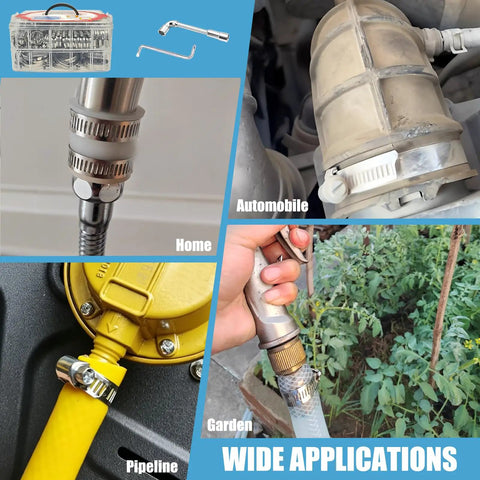Various uses of Heavy Duty 225 Piece Hose Clamp Kit 304 Stainless Steel Adjustable 1/4 Inch To 3-3/4 Inch Worm Gear Clamps shown