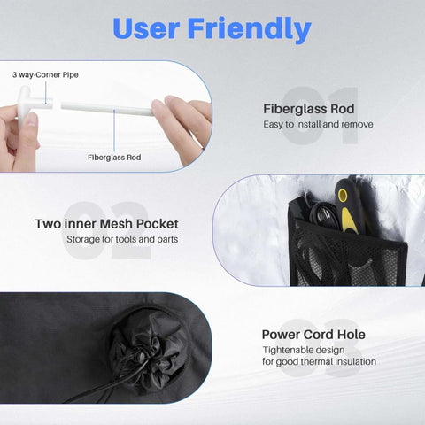 User-friendly features of fireproof and dustproof 3D printer enclosure for Neptune and Ender models with mesh pockets and power cord hole.