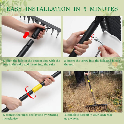 Heavy Duty Garden Rake With Long 74 Inch Handle And 12 Metal Tines For Loosening And Leveling Soil Yard Work step-by-step installation