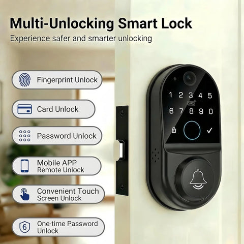 Beefed Up Smart Front Door Lock With 1080P Camera And Infrared Night Vision App Remote Unlock WiFi Direct Real Time Monitoring Fingerprint Keyless Deadbolt 100 Fingerprints 100 Passcodes Auto Lock 1 To 99 Seconds installed view.