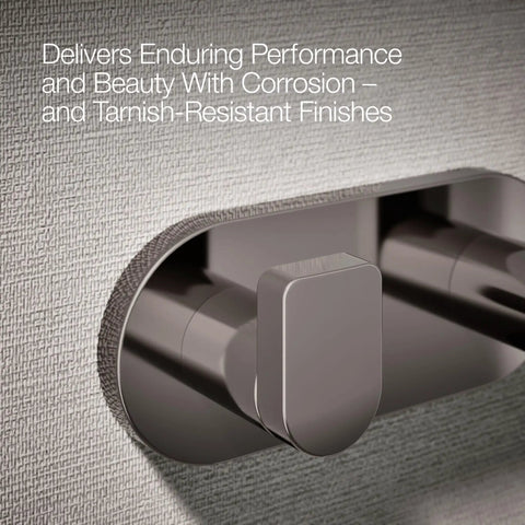Close-up of Composed Double Robe Hook in Vibrant Titanium Finish, showcasing durable corrosion-resistant bath organization design.