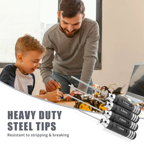Father and son using RC Hex Driver Set With 1.5mm 2.0mm 2.5mm And 3.0mm Allen Bits For 1 10 Scale RC Cars Drones And Helicopters Heavy Duty Steel Tips For Precision Maintenance And Quick Field Adjustments Built Tough For On The Go Repairs on a workbench.