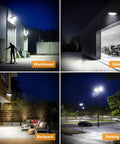 Collage showing Two Pack 100W LED Barn Light With Dusk To Dawn Sensor in warehouse, garage, backyard, and parking lot settings at night.