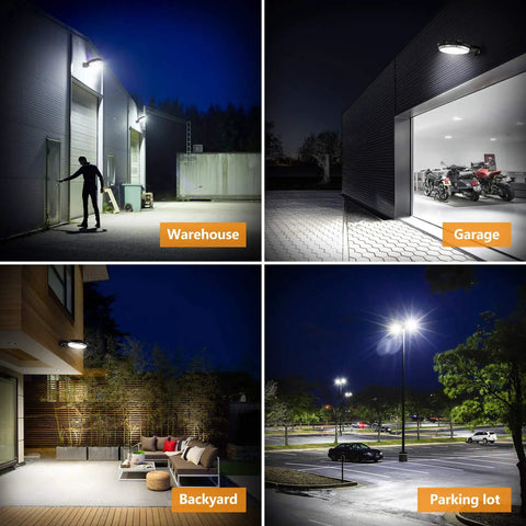 Collage showing Two Pack 100W LED Barn Light With Dusk To Dawn Sensor in warehouse, garage, backyard, and parking lot settings at night.