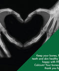 X-ray of hands forming a heart shape, promoting HTN's liquid calcium for healthy bones, hair, teeth, and skin.