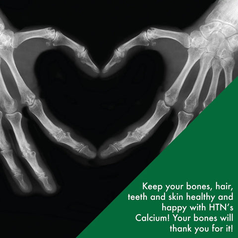 X-ray of hands forming a heart shape, promoting HTN's liquid calcium for healthy bones, hair, teeth, and skin.