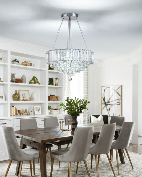 Modern Crystal Chandelier With LED Light Fixture That Elevates Your Living Room Bedroom And Dining For Real Chrome And White Finish 15.7 Inch Diameter Easy Install Dimmable Glow installed in a dining room.