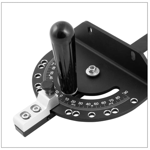 Close-up of Adjustable Table Saw Miter Gauge With Standard Slot 3/4 x 3/8 Inch Steel Bar, black handle and angle markings visible.