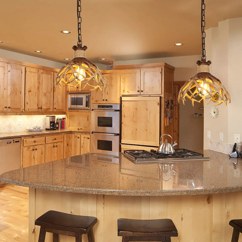 Rustic Deer Antler Pendant Ceiling Light With Aged Iron Accents, One E26 Base, LED Compatible, Brown Finish For Kitchen Island, Cabin Bath, And Hallways, Includes 5.9 Ft Adjustable Chain, Vintage Farmhouse Vibe