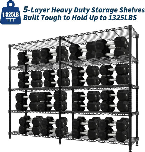 Heavy Duty 5 Tier Metal Storage Rack With Fully Adjustable Wire Shelves For Kitchen Garage Or Warehouse Uses Supports 1325 Pounds Total Rust Resistant Steel Rack Is A Hella Tough Build with dumbbells.