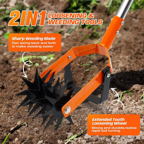 Close-up of the 72 Inch Rotary Cultivator Tool Hand Tiller For Gardening 2 In 1 Garden Cultivator with star-shaped rollers.