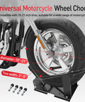 Beefed Up Universal Motorcycle Wheel Chock And Front Wheel Stand For Trailers 1800 Pound Capacity Adjustable Wheel Locks Fit 15 To 21 Inch Wheels for cruisers and dirt bikes in use on motorcycle front wheel.