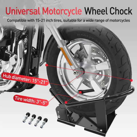 Beefed Up Universal Motorcycle Wheel Chock And Front Wheel Stand For Trailers 1800 Pound Capacity Adjustable Wheel Locks Fit 15 To 21 Inch Wheels for cruisers and dirt bikes in use on motorcycle front wheel.