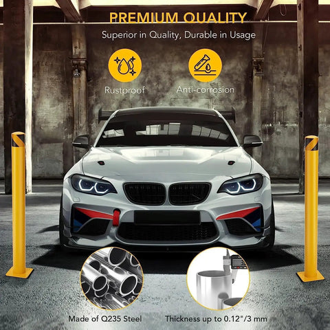 Solid As A Rock Yellow Safety Bollard Set Of Six, 42 Inch Tall Steel Posts With Anchor Bolts for driveway barriers and parking lot guards.