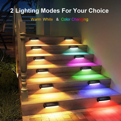 Solar Fence Lights Outdoor Waterproof 4 Pack With Warm White And RGB Color Changing Modes illuminating deck stairs