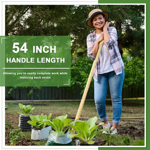 Woman using Two Pack Solid Wood Replacement Handles For Round Eye Hoe 54 Inches 137 Cm in garden, smiling