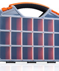 Front view of Portable 18 Compartment Parts Organizer Box With Removable Plastic Dividers For Screws Nuts Bolts Nails Orange Durable Storage Case For Garage Workshop And Craft Room A Real Handy Must Have.