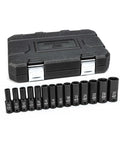 Heavy Duty 14 Piece One Half Inch Drive Deep Impact Socket Set Metric 6 Point Off Corner Loading Design Chromium Molybdenum Steel Black Oxide Finish Delivers Maximum Durability For Automotive Repairs in case