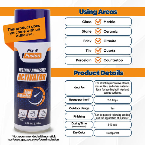 CA Glue Activator Spray Quick Set Bonding Booster Pro-Grade for Wood Plastic Rubber and Granite Instant Cure Accelerator for DIY Projects and Pros, Speeds Curing, Boosts Bond Strength, 6.76 Fl Oz displayed with usage areas.