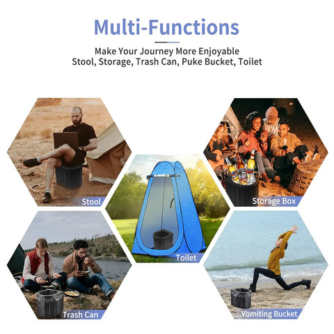 Collage showcasing Elongated Portable Toilet For Camping And Travel Home Like Comfort Sturdy Camp Commode in various uses and settings.