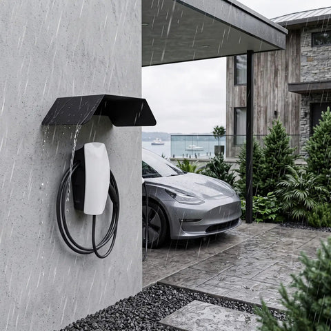 Heavy Duty Aluminum Alloy EV Charger Protective Cover Wall Mounted Weather Shield For Electric Vehicle in rain, protecting charger.
