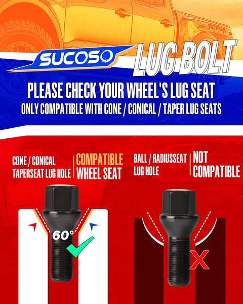 Illustration showing compatibility of BMW 14x1.25 Lug Bolts Black Beefed Up 20 Pack 28mm Shank Conical Seat with conical lug seats