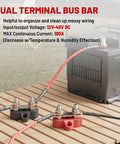 Heavy Duty 12 Volt 100 Amp Power Distribution Block With Dual Quarter Inch M6 Stud Busbar, organized wiring near a battery.