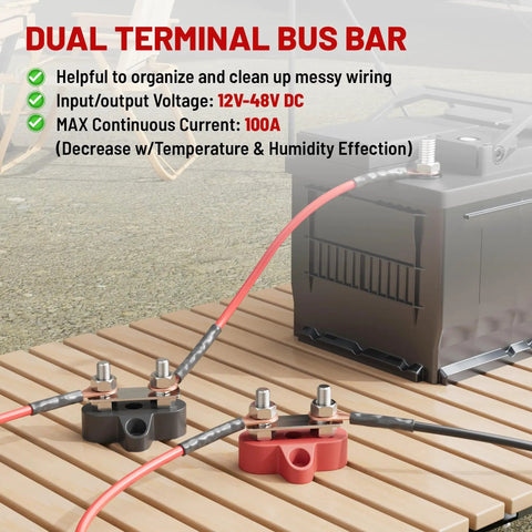 Heavy Duty 12 Volt 100 Amp Power Distribution Block With Dual Quarter Inch M6 Stud Busbar, organized wiring near a battery.
