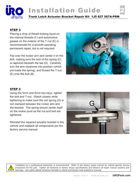 Installation guide for Trunk Latch Actuator Bracket Repair Kit For 1J5827567A with images of repair steps and components.