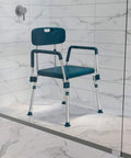 Hercules Series Adjustable Navy Bath And Shower Chair, 300 Pound Capacity, shown in a marble-tiled shower stall