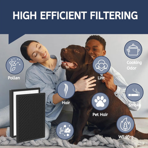 True HEPA Carbon Replacement Filter Kit with family and dog illustrating uses like pollen, smoke, and cooking odor removal