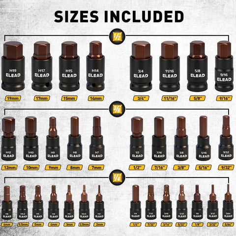 Pro Grade 35 Piece Hex Bit Socket Set with visible socket sizes H2 through H19, including SAE and metric measurements, premium steel