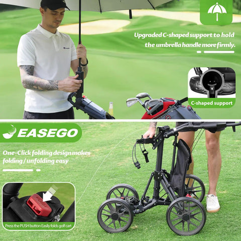 Link Ready Four Wheel Golf Push Cart All Terrain Walking Caddy With Beast Mode Slope Stability showing upgraded C-shaped umbrella support.