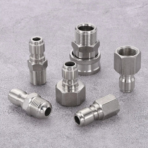 Beefy Stainless Steel Pressure Washer Adapter Swivel Quick Connect Three Eighth Inch Male Plug To M22 14mm Male Quick Connect Fitting For Power Washers Hose stainless steel adapters shown