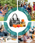 Desert Cowboy Insulated Lunch Bag For Women On The Go With Adjustable Shoulder Strap Reusable Lunch Tote For Work Picnic And Camping Keeps Food Fresh And Warm Large Capacity featured with picnic, camping, office, and school scenes.