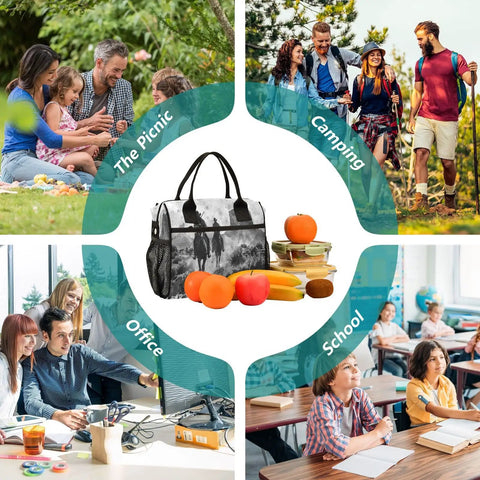 Desert Cowboy Insulated Lunch Bag For Women On The Go With Adjustable Shoulder Strap Reusable Lunch Tote For Work Picnic And Camping Keeps Food Fresh And Warm Large Capacity featured with picnic, camping, office, and school scenes.
