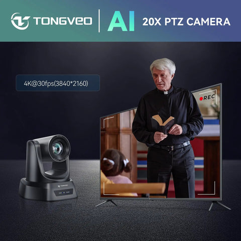 Smart PtZ Camera With 20x Optical Zoom And AI Auto Tracking Offers Crisp 1080p 60fps HDMI USB Output for church streaming scene.