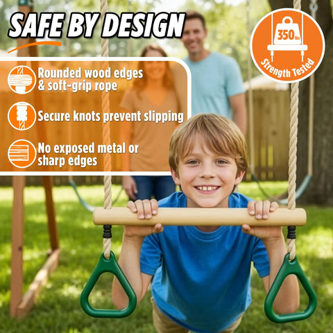 Child using Kids Trapeze Bar With 18 Inch Adjustable Height And Gym Rings For Swing Sets Ninja Warrior Obstacle Course Jungle Gym Playground Attachments Durable Easy Install Backyard Fun.