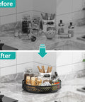 Before and after of a clean kitchen countertop with a 13 Inch Lazy Susan Turntable Heavy Duty Metal Spice Rack Organizer.