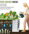 2 Pack Raised Garden Bed 4x2x2 Ft Galvanized Steel With Deep Root Planter Boxes showing soil layers and a woman watering flowers.