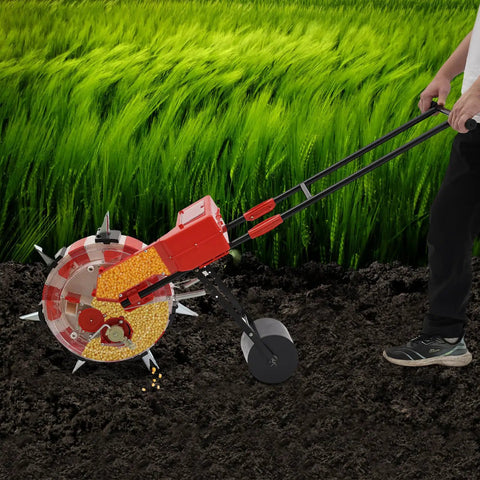 Person using Hand Push Garden Seeder With 7 Nozzles Adjustable Depth 1.38 To 3.07 Inches 9.06 Inch Row Spacing Precise Seed Planter