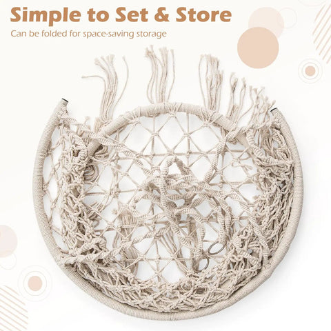 Beige Macrame Hammock Chair With 350 Pound Capacity Handwoven Tassels folded for storage