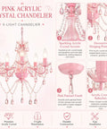 Pink Crystal Chandelier For Girls Room Kid Friendly 5 Light Small Kids Chandelier With Durable Acrylic Crystals, display features.