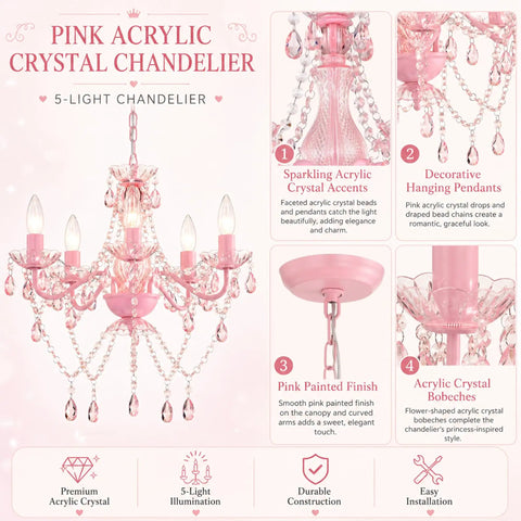 Pink Crystal Chandelier For Girls Room Kid Friendly 5 Light Small Kids Chandelier With Durable Acrylic Crystals, display features.
