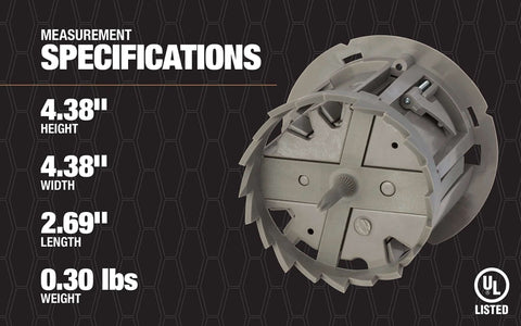 Angled front view of Southwire MSBST250 ceiling fixture with smart box and shark-tooth hole saw in gray plastic