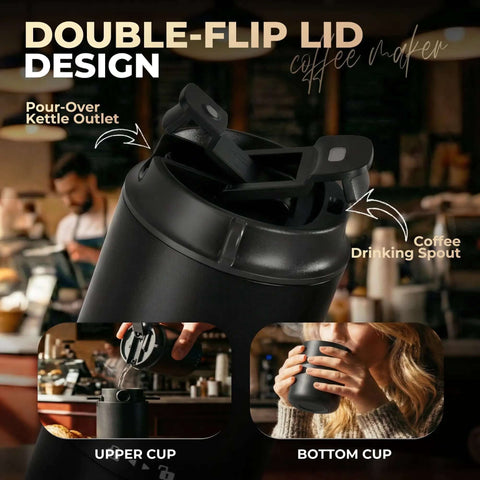 Portable All-In-One Coffee Maker With Built-In Battery And Grinder, Cordless Travel Brew System, double-flip lid design