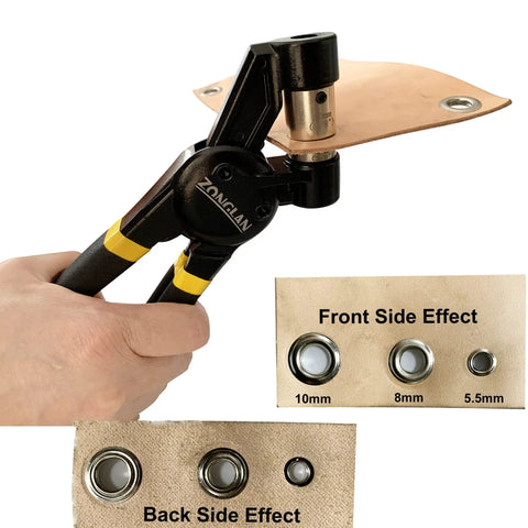 All In One Grommet Tool Kit With Interchangeable Dies, Handy Handheld Eyelet Punch, Rivet Press And Crimper Plier in use